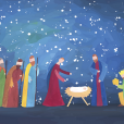 An artistic nativity scene showing Mary, Joseph and Jesus in a manger with animals, shepherds and the wise men present