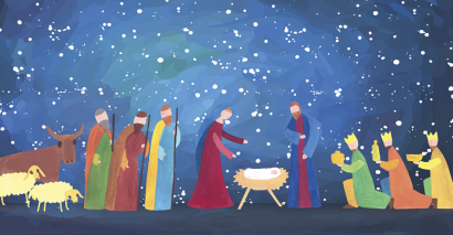 An artistic nativity scene showing Mary, Joseph and Jesus in a manger with animals, shepherds and the wise men present